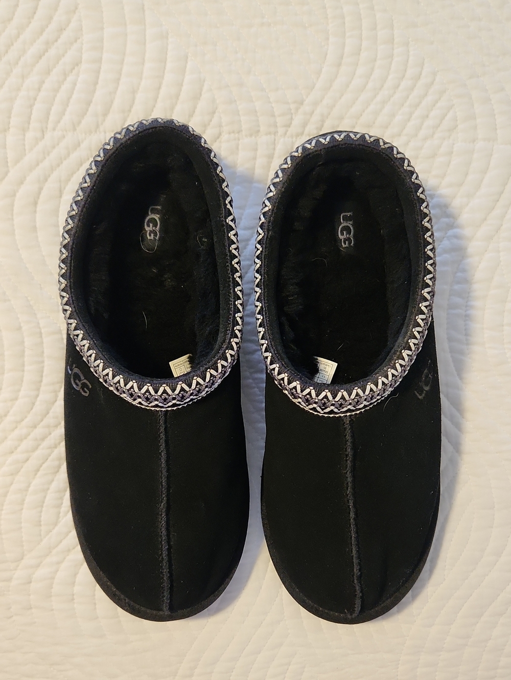 UGG Black Suede Slip-On Moccasin Slippers with Braided Trim